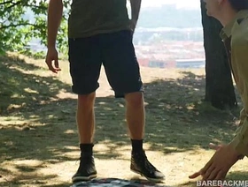 Camp Site Open-air Bareback Threesome Spit Roast hot muscular guys gay porn