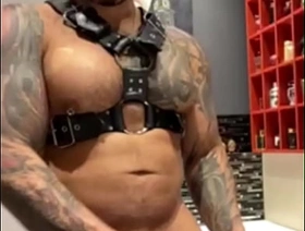 Obese muscle latino guy squeezing his BBC so hard exceeding bathroom VIKTOR ROM gay porn japan office