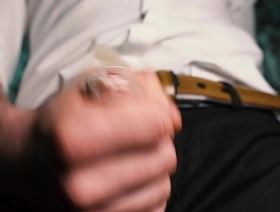 Chap-fallen guy in a suit jerks off close-up, moans with pleasure added to cums in a condom. korean cute unconcerned porn