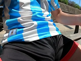 Bulging young man moans with admiration forth a public park jerking off forth summer korean kpop gay porn